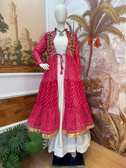 NAVRATRI SPECIAL SHRUG, BLOUSE & LEHENGA ON FAUX GEORGETTE & RAYON WITH BANDHANI PRINT & EMBROIDERY WORK, FULL FLAIR, FULLY STITCHED