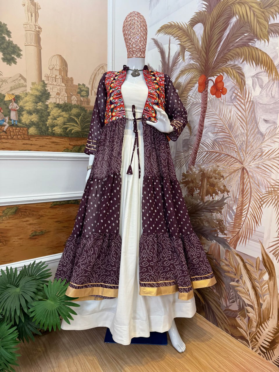 NAVRATRI SPECIAL SHRUG, BLOUSE & LEHENGA ON FAUX GEORGETTE & RAYON WITH BANDHANI PRINT & EMBROIDERY WORK, FULL FLAIR, FULLY STITCHED