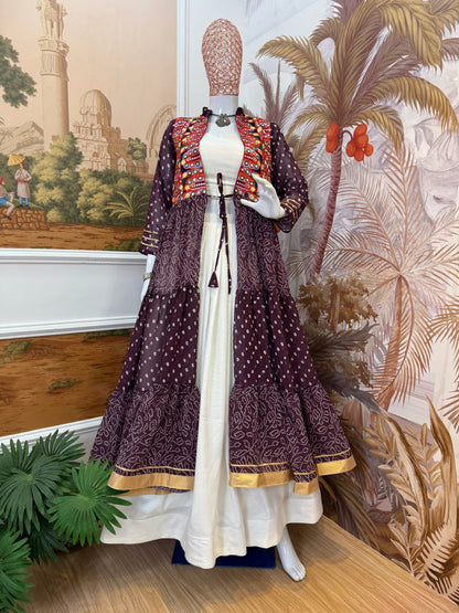 NAVRATRI SPECIAL SHRUG, BLOUSE & LEHENGA ON FAUX GEORGETTE & RAYON WITH BANDHANI PRINT & EMBROIDERY WORK, FULL FLAIR, FULLY STITCHED