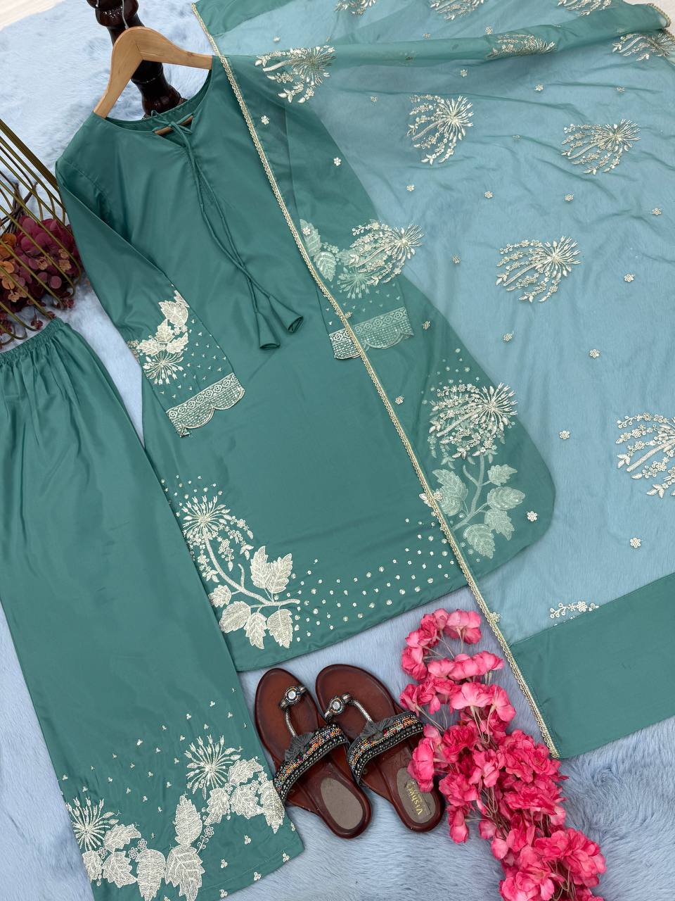 Đěsigner Party Wear Look Pur Natural Crepe Top & Palazzo With Dupatta set