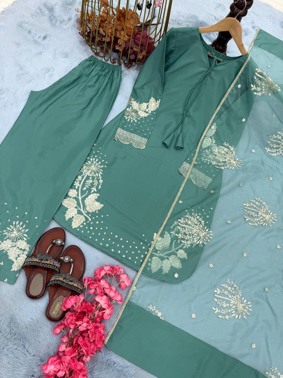 Đěsigner Party Wear Look Pur Natural Crepe Top & Palazzo With Dupatta set