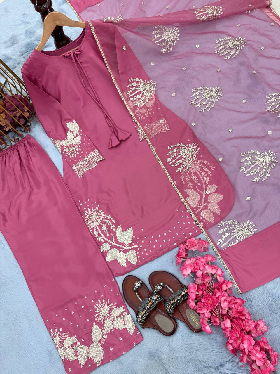 Đěsigner Party Wear Look Pur Natural Crepe Top & Palazzo With Dupatta set