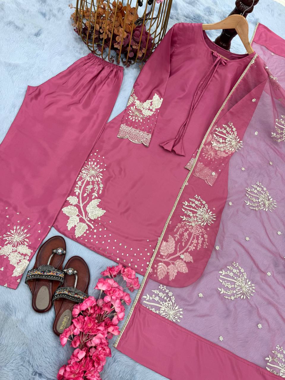Đěsigner Party Wear Look Pur Natural Crepe Top & Palazzo With Dupatta set