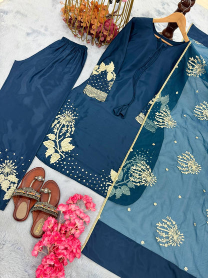 Đěsigner Party Wear Look Pur Natural Crepe Top & Palazzo With Dupatta set