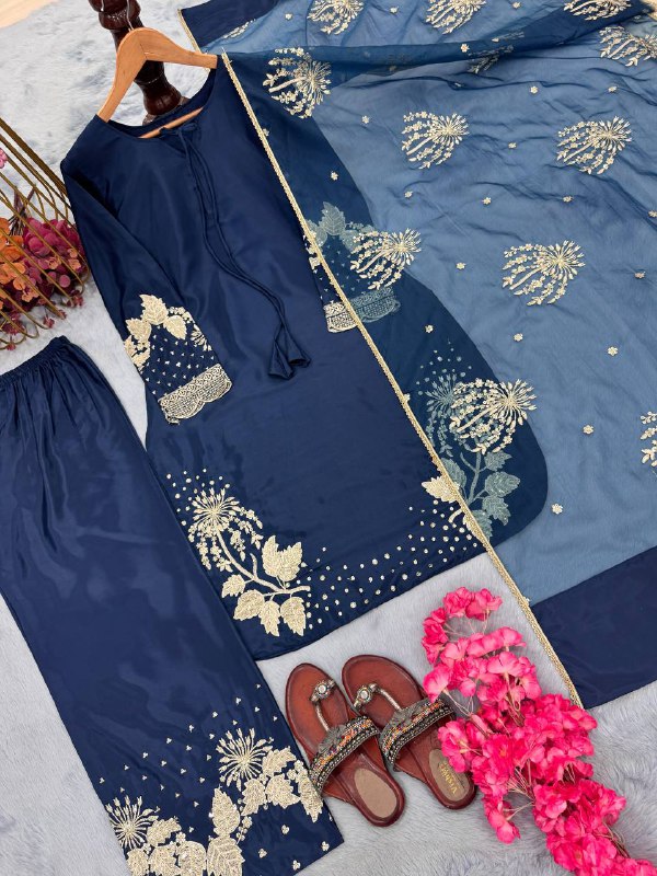 Đěsigner Party Wear Look Pur Natural Crepe Top & Palazzo With Dupatta set