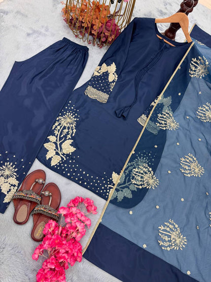 Đěsigner Party Wear Look Pur Natural Crepe Top & Palazzo With Dupatta set