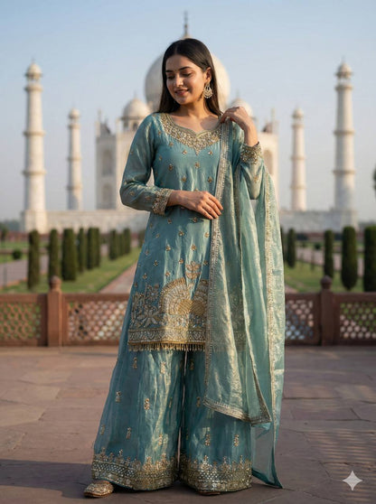Eid 🌙 Collection In Pure Fendy Silk With Heavy Embroidery Sequence Work Top-Bottom And Dupatta Set Fully Stitched Ready To Wear