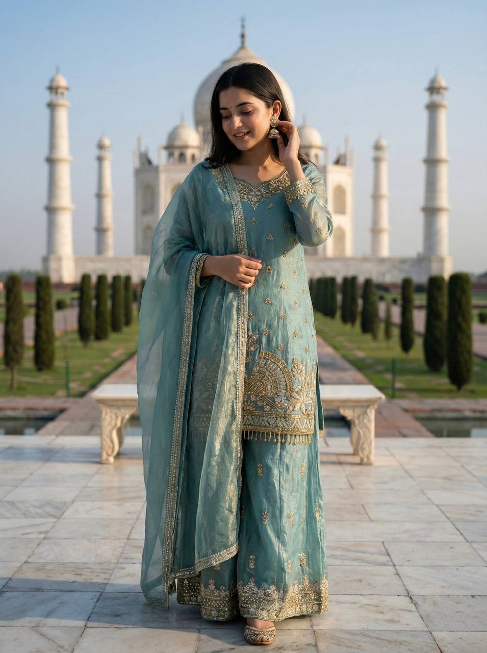Eid 🌙 Collection In Pure Fendy Silk With Heavy Embroidery Sequence Work Top-Bottom And Dupatta Set Fully Stitched Ready To Wear