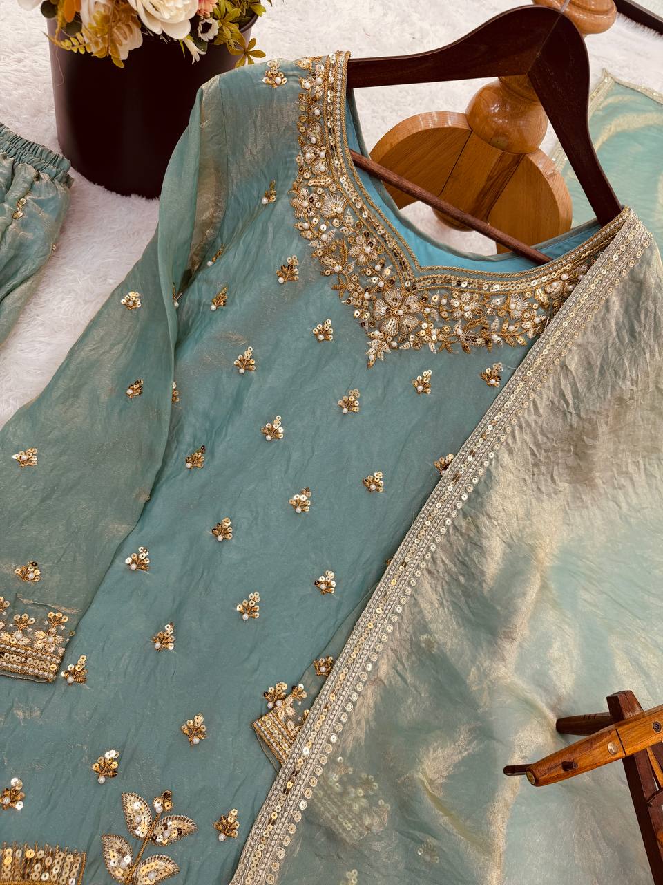 Eid 🌙 Collection In Pure Fendy Silk With Heavy Embroidery Sequence Work Top-Bottom And Dupatta Set Fully Stitched Ready To Wear