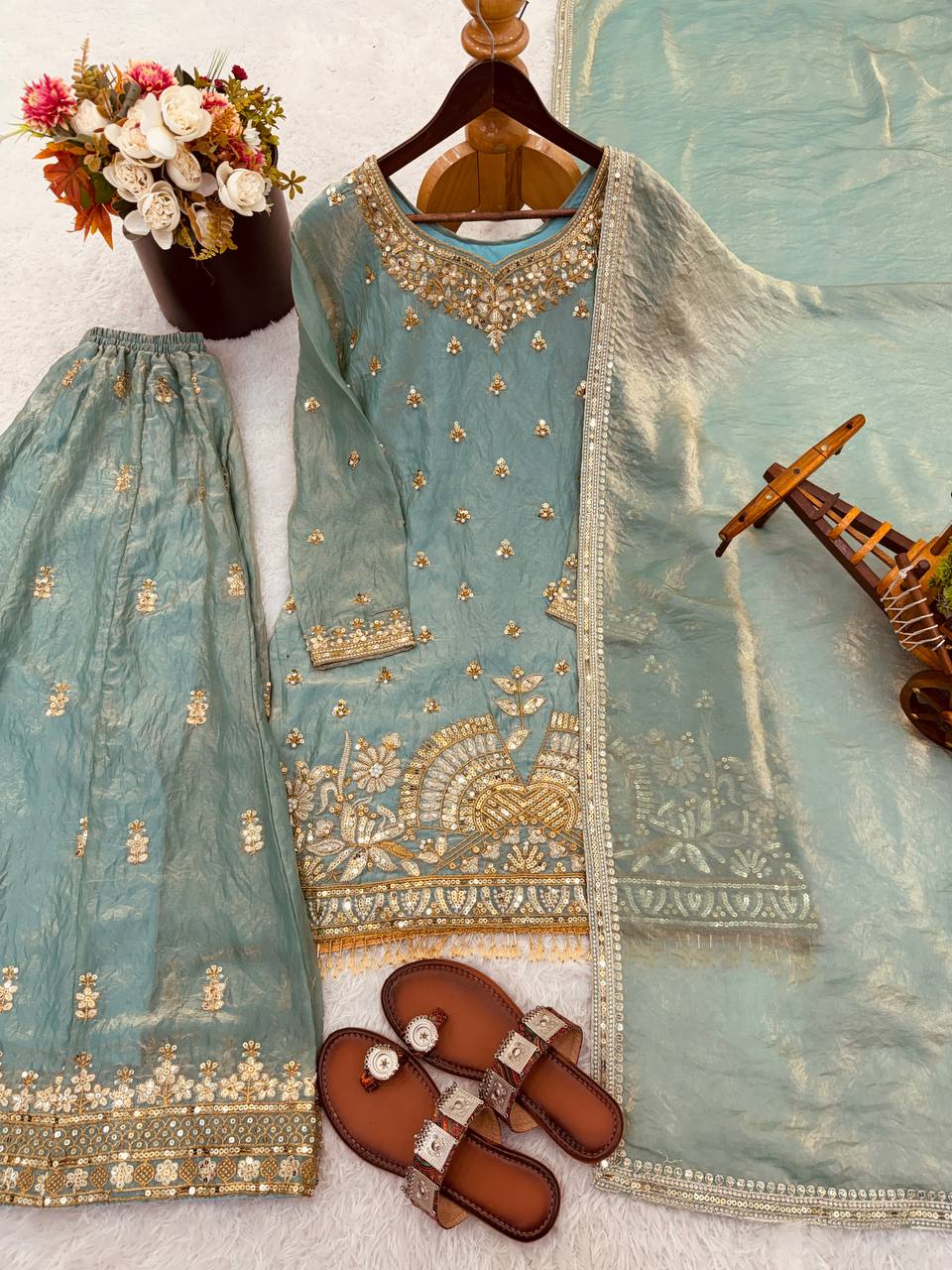 Eid 🌙 Collection In Pure Fendy Silk With Heavy Embroidery Sequence Work Top-Bottom And Dupatta Set Fully Stitched Ready To Wear