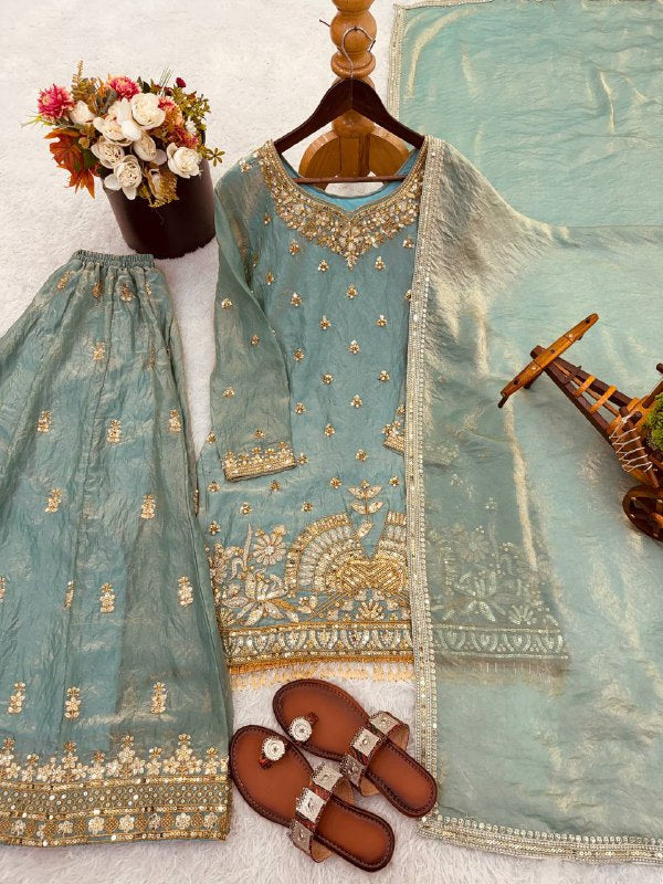 Eid 🌙 Collection In Pure Fendy Silk With Heavy Embroidery Sequence Work Top-Bottom And Dupatta Set Fully Stitched Ready To Wear