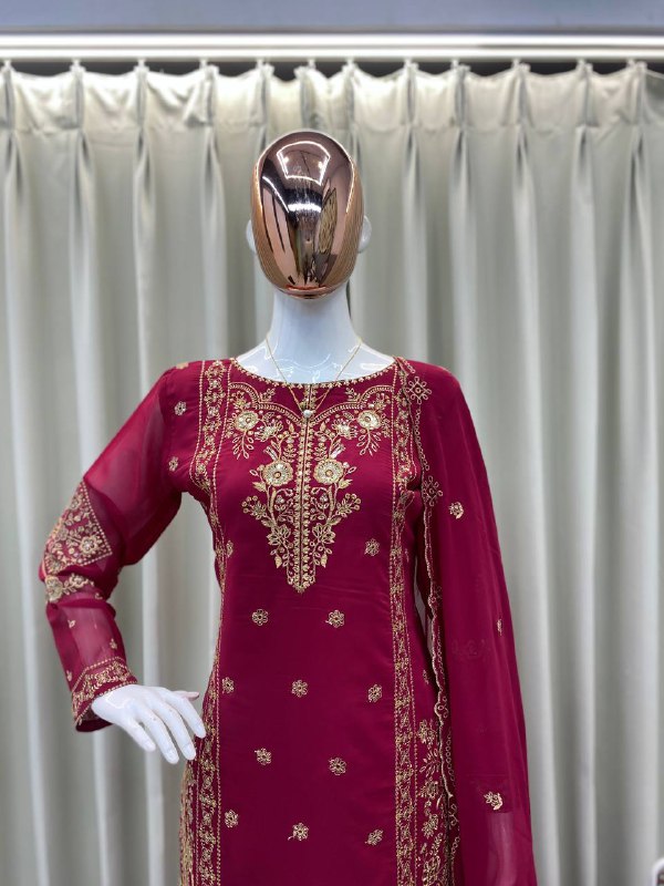 DESIGNER WEAR EXCLUSIVE SUIT IN GEORGETTE FABRIC TOP AND PANT WITH DUPATTA IN SEQUENCE EMBROIDERY single available wholesale