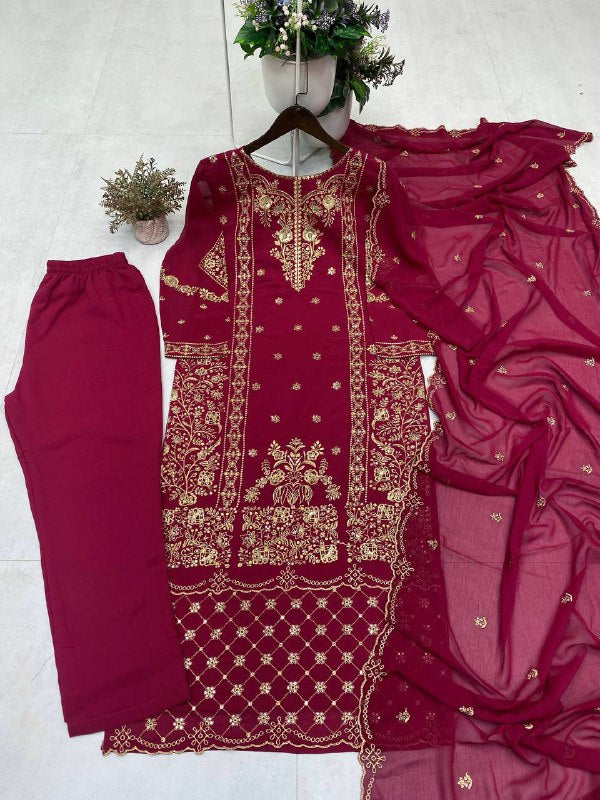 DESIGNER WEAR EXCLUSIVE SUIT IN GEORGETTE FABRIC TOP AND PANT WITH DUPATTA IN SEQUENCE EMBROIDERY single available wholesale