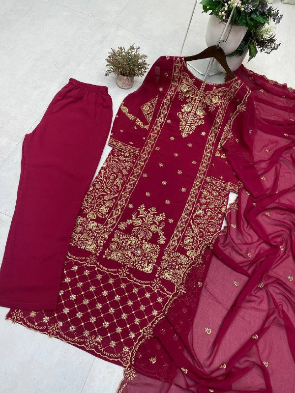 DESIGNER WEAR EXCLUSIVE SUIT IN GEORGETTE FABRIC TOP AND PANT WITH DUPATTA IN SEQUENCE EMBROIDERY single available wholesale