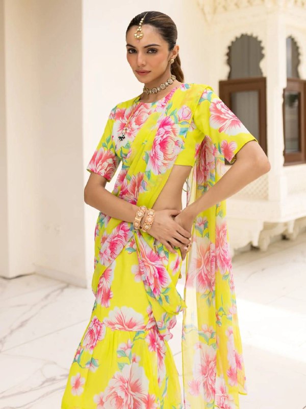 Elevate your festive and special occasion look with this stunning  Georgette Ruffle Ready To Wear Saree With Readymade Blouse Design Launch known for its lightweight feel and graceful drape  single available wholesale