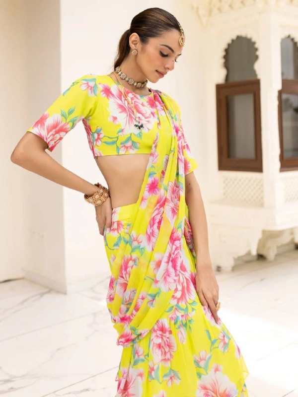 Elevate your festive and special occasion look with this stunning  Georgette Ruffle Ready To Wear Saree With Readymade Blouse Design Launch known for its lightweight feel and graceful drape  single available wholesale
