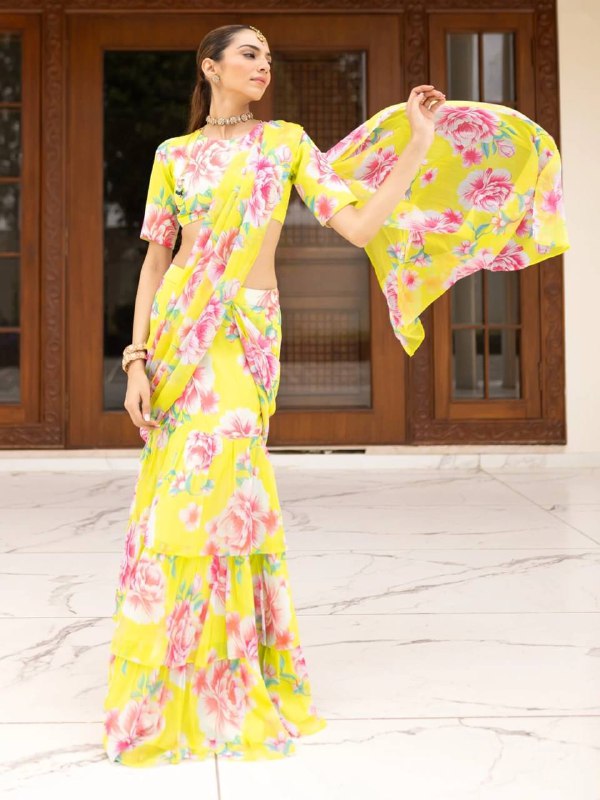 Elevate your festive and special occasion look with this stunning  Georgette Ruffle Ready To Wear Saree With Readymade Blouse Design Launch known for its lightweight feel and graceful drape  single available wholesale