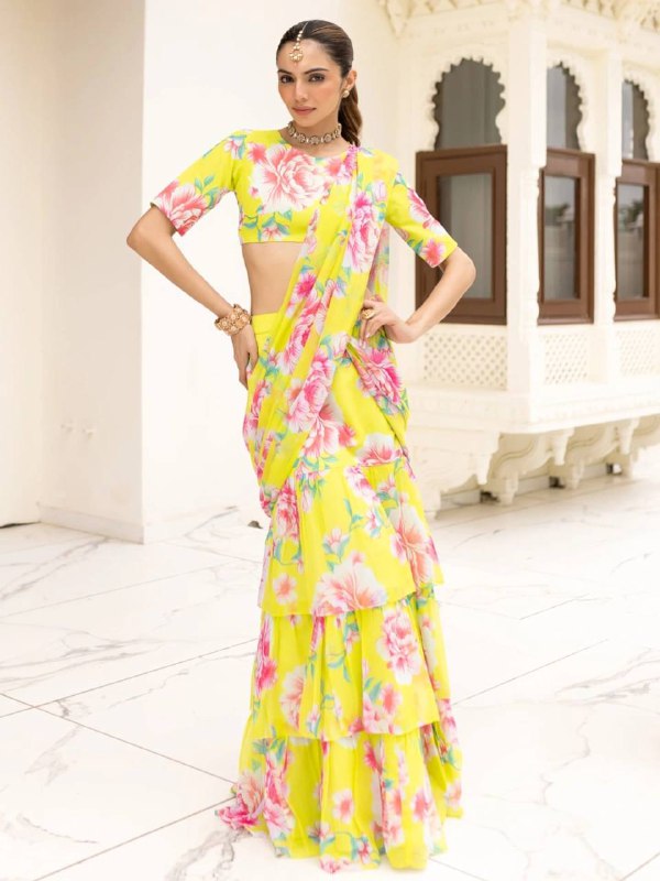 Elevate your festive and special occasion look with this stunning  Georgette Ruffle Ready To Wear Saree With Readymade Blouse Design Launch known for its lightweight feel and graceful drape  single available wholesale