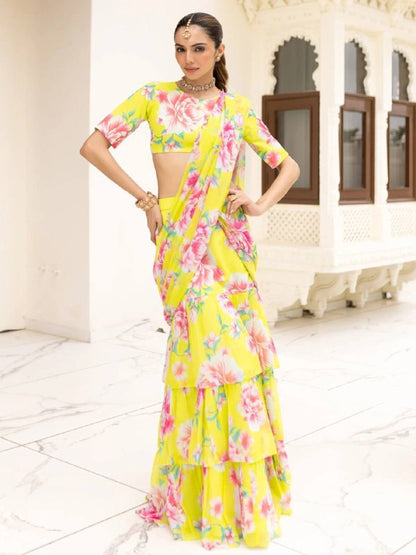 Elevate your festive and special occasion look with this stunning  Georgette Ruffle Ready To Wear Saree With Readymade Blouse Design Launch known for its lightweight feel and graceful drape  single available wholesale