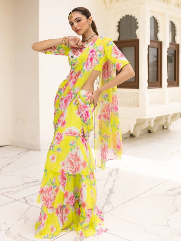 Elevate your festive and special occasion look with this stunning  Georgette Ruffle Ready To Wear Saree With Readymade Blouse Design Launch known for its lightweight feel and graceful drape  single available wholesale