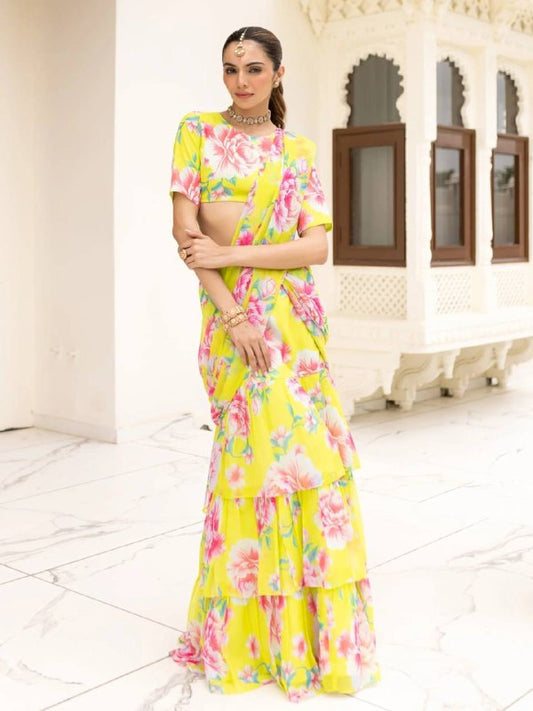 Elevate your festive and special occasion look with this stunning  Georgette Ruffle Ready To Wear Saree With Readymade Blouse Design Launch known for its lightweight feel and graceful drape  single available wholesale