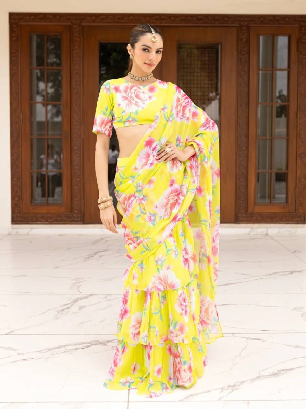 Elevate your festive and special occasion look with this stunning  Georgette Ruffle Ready To Wear Saree With Readymade Blouse Design Launch known for its lightweight feel and graceful drape  single available wholesale
