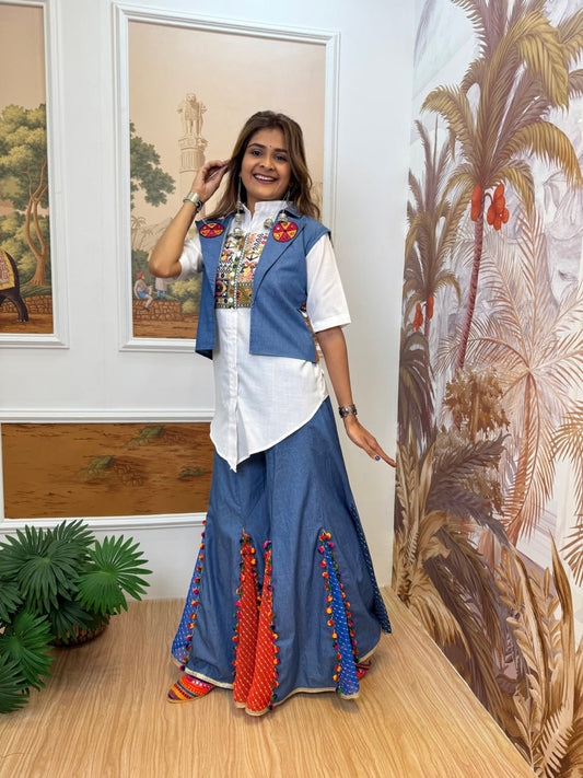 THIS NAVRATRI WITH NEW STYLE, LAUNCHING DENIM JEANS PLAZZO, KOTI & SHIRT WITH EMBROIDERY WORK AND KODI LACE single available wholesale