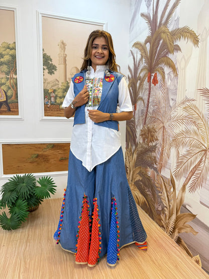 THIS NAVRATRI WITH NEW STYLE, LAUNCHING DENIM JEANS PLAZZO, KOTI & SHIRT WITH EMBROIDERY WORK AND KODI LACE single available wholesale