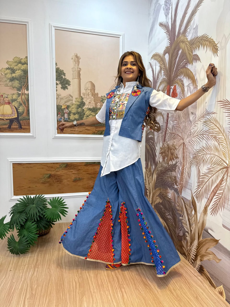 THIS NAVRATRI WITH NEW STYLE, LAUNCHING DENIM JEANS PLAZZO, KOTI & SHIRT WITH EMBROIDERY WORK AND KODI LACE single available wholesale