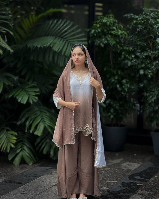 NEW READY TO WEAR COLLECTION WITH EMBROIDERY WORK TOP - PLAZZO WITH  DUPATTA single available wholesale