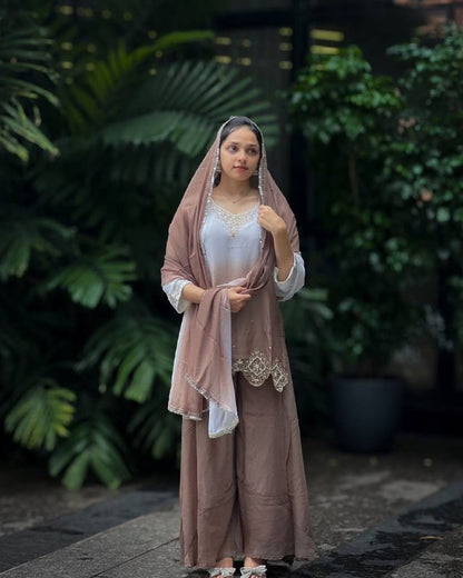 NEW READY TO WEAR COLLECTION WITH EMBROIDERY WORK TOP - PLAZZO WITH  DUPATTA single available wholesale