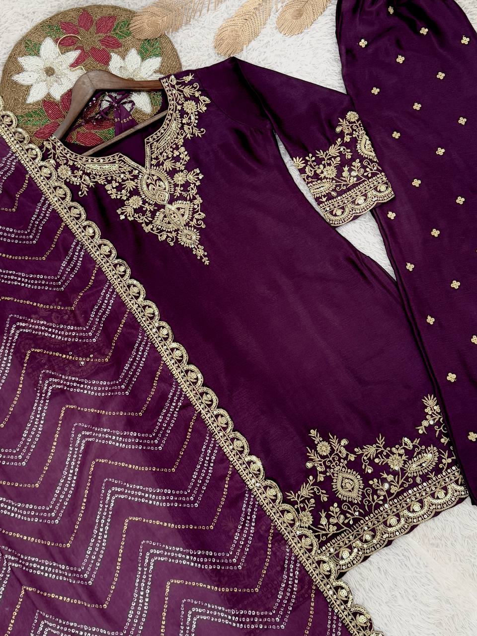 PRESERNTING NEW READY TO WEAR COLLECTION WITH EMBROIDERY SEQUENSE WORK CHINON  TOP-PLAZZO WITH DUPATTA single available wholesale