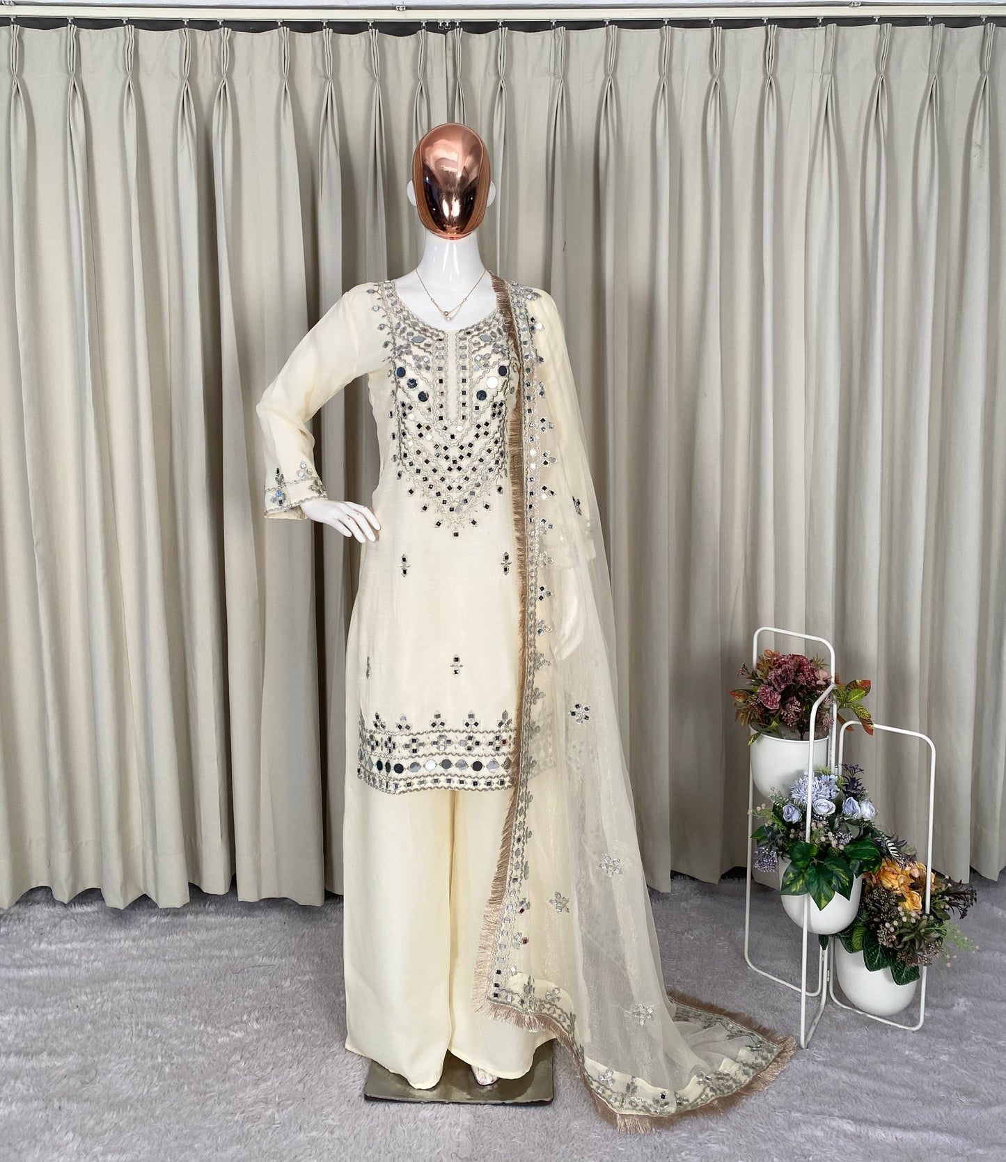 PERFECT FOR PARTY AND WEDDING OUR DESIGNER WEAR REAL MIRROR WITH EMBROIDERED TOP PLAZZO AND DUPATTA