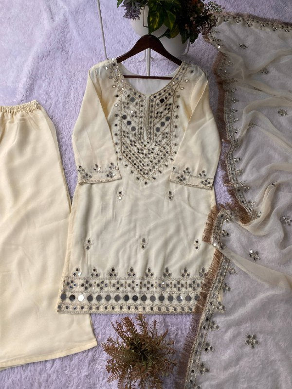 PERFECT FOR PARTY AND WEDDING OUR DESIGNER WEAR REAL MIRROR WITH EMBROIDERED TOP PLAZZO AND DUPATTA