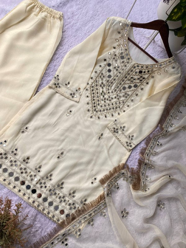 PERFECT FOR PARTY AND WEDDING OUR DESIGNER WEAR REAL MIRROR WITH EMBROIDERED TOP PLAZZO AND DUPATTA