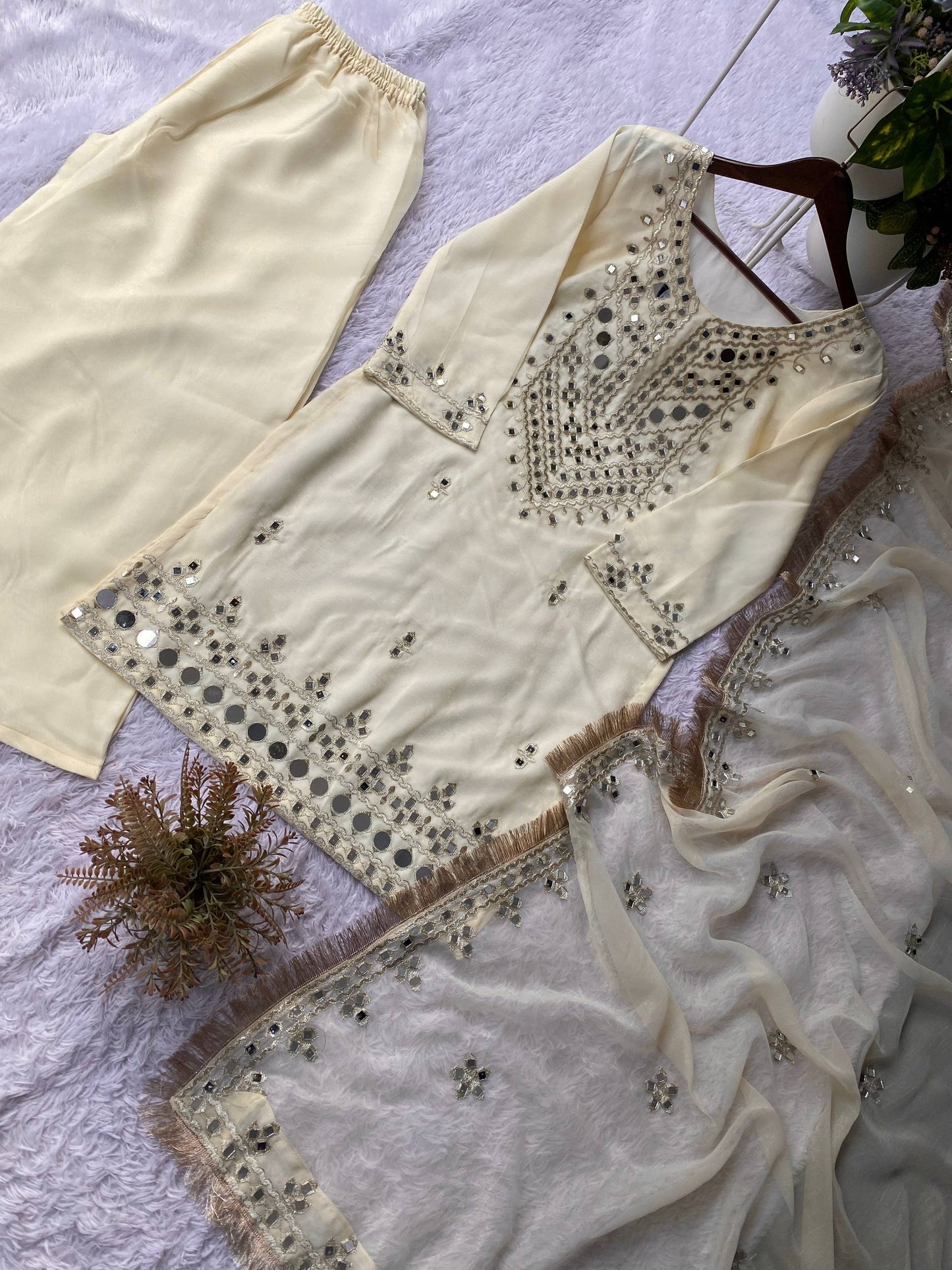 PERFECT FOR PARTY AND WEDDING OUR DESIGNER WEAR REAL MIRROR WITH EMBROIDERED TOP PLAZZO AND DUPATTA