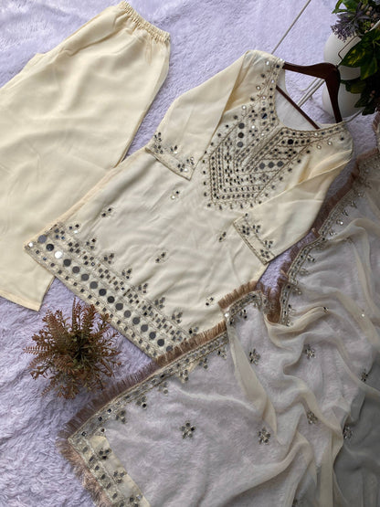 PERFECT FOR PARTY AND WEDDING OUR DESIGNER WEAR REAL MIRROR WITH EMBROIDERED TOP PLAZZO AND DUPATTA