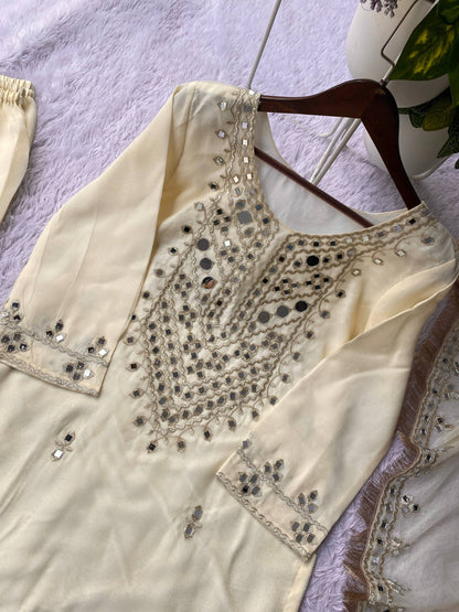 PERFECT FOR PARTY AND WEDDING OUR DESIGNER WEAR REAL MIRROR WITH EMBROIDERED TOP PLAZZO AND DUPATTA