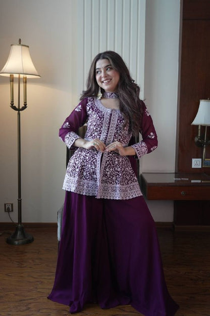 EMBROIDERED PEPLUM TOP WITH PLAZZO PAIR