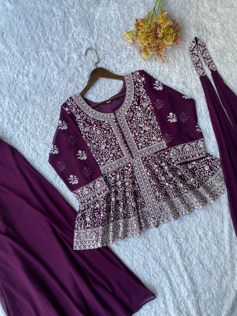 EMBROIDERED PEPLUM TOP WITH PLAZZO PAIR