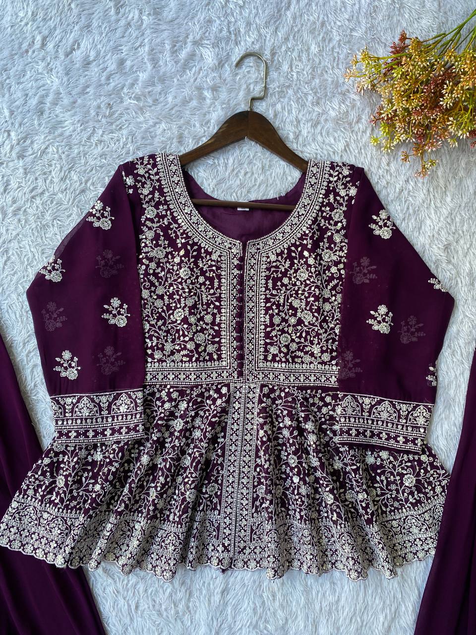EMBROIDERED PEPLUM TOP WITH PLAZZO PAIR