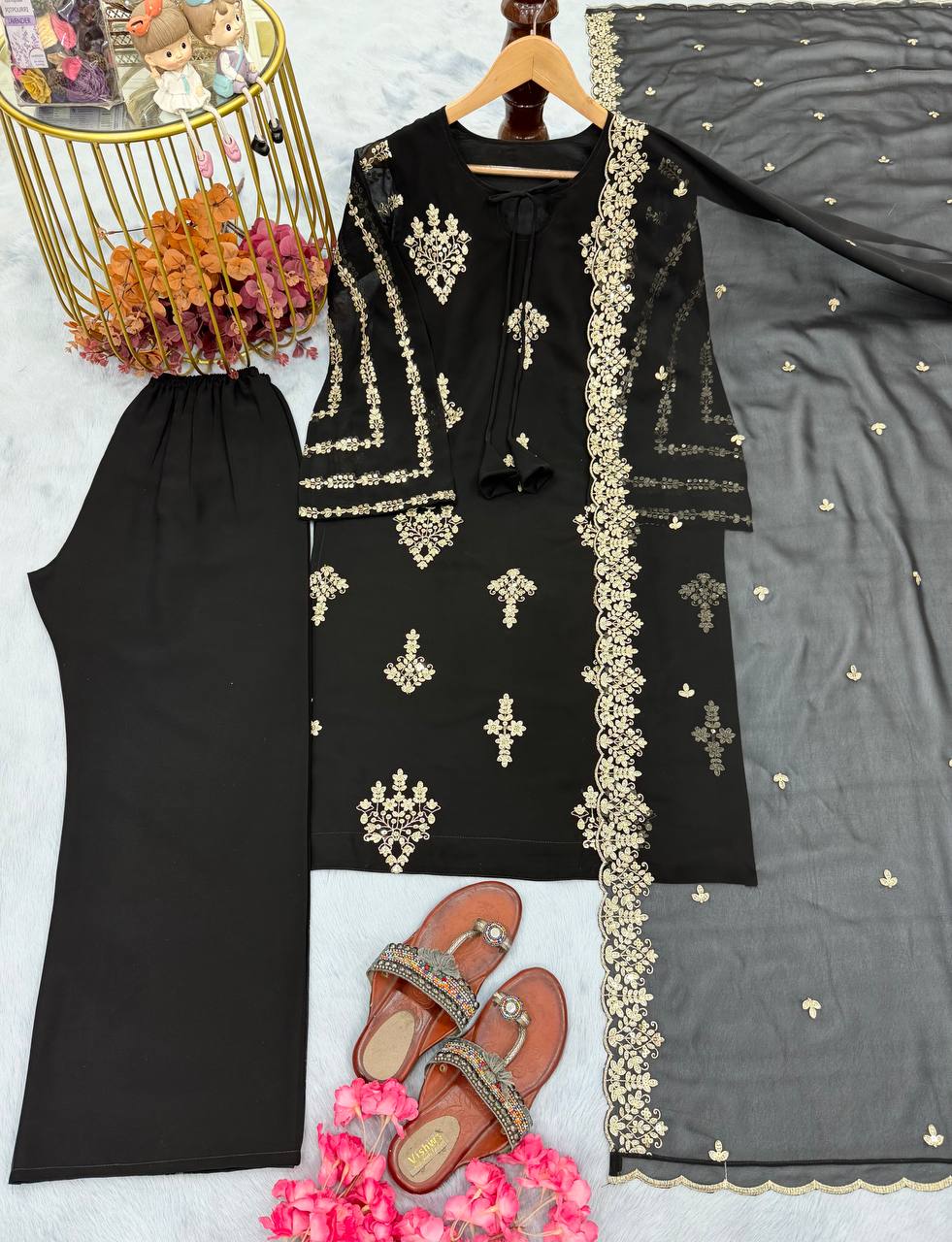 Party Wear Look Foux Georgette Top Plazzo & Dupatta Set