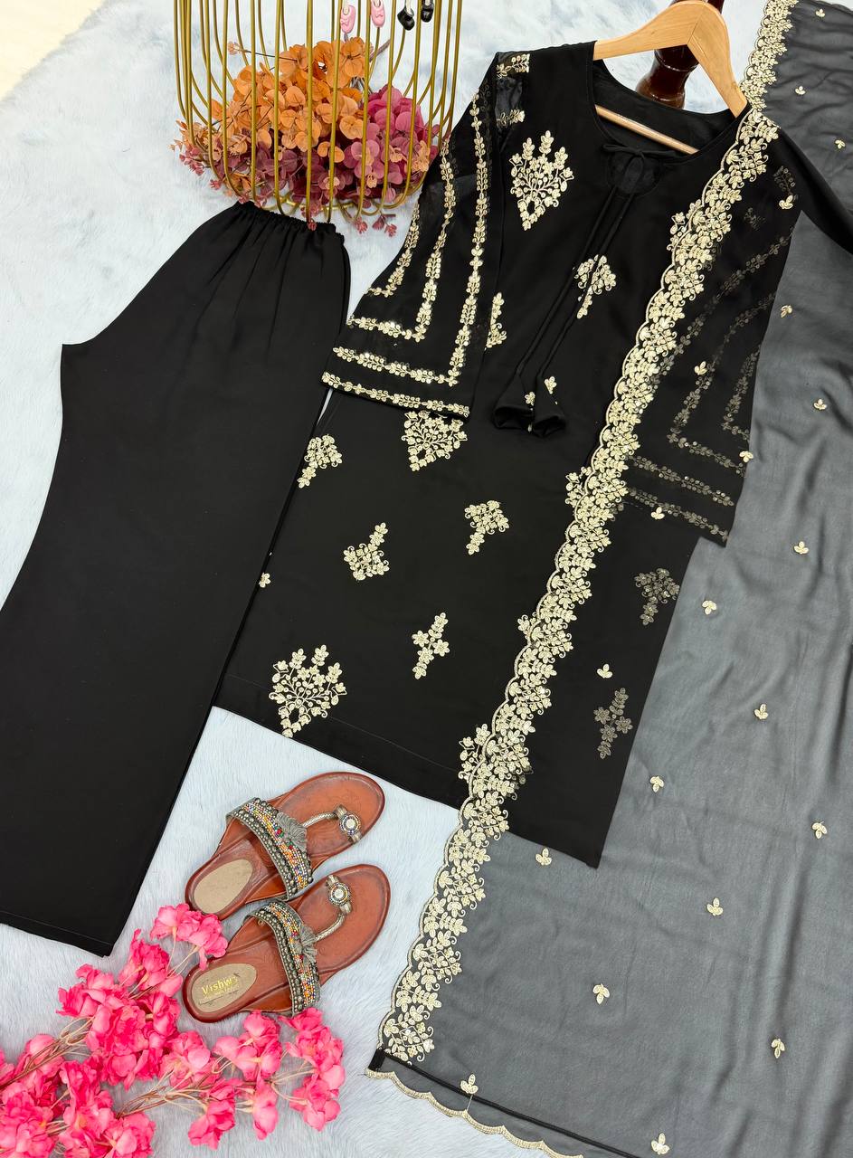 Party Wear Look Foux Georgette Top Plazzo & Dupatta Set