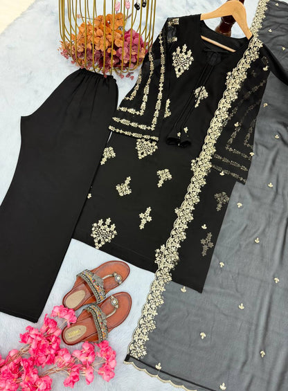 Party Wear Look Foux Georgette Top Plazzo & Dupatta Set