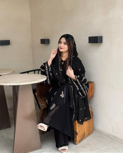 Party Wear Look Foux Georgette Top Plazzo & Dupatta Set