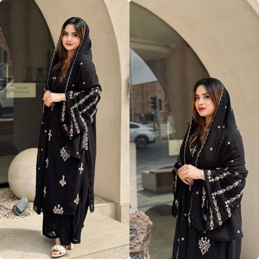 Party Wear Look Foux Georgette Top Plazzo & Dupatta Set