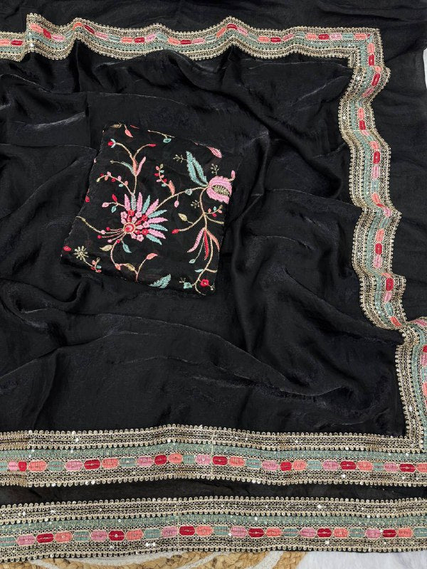 Saree collection Pure Space Silk *⭕ WORK :* Beautiful multicolour thread and sequins embroidery work lace border  single available wholesale