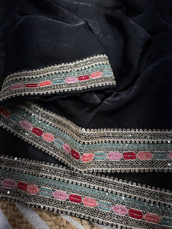 Saree collection Pure Space Silk *⭕ WORK :* Beautiful multicolour thread and sequins embroidery work lace border  single available wholesale