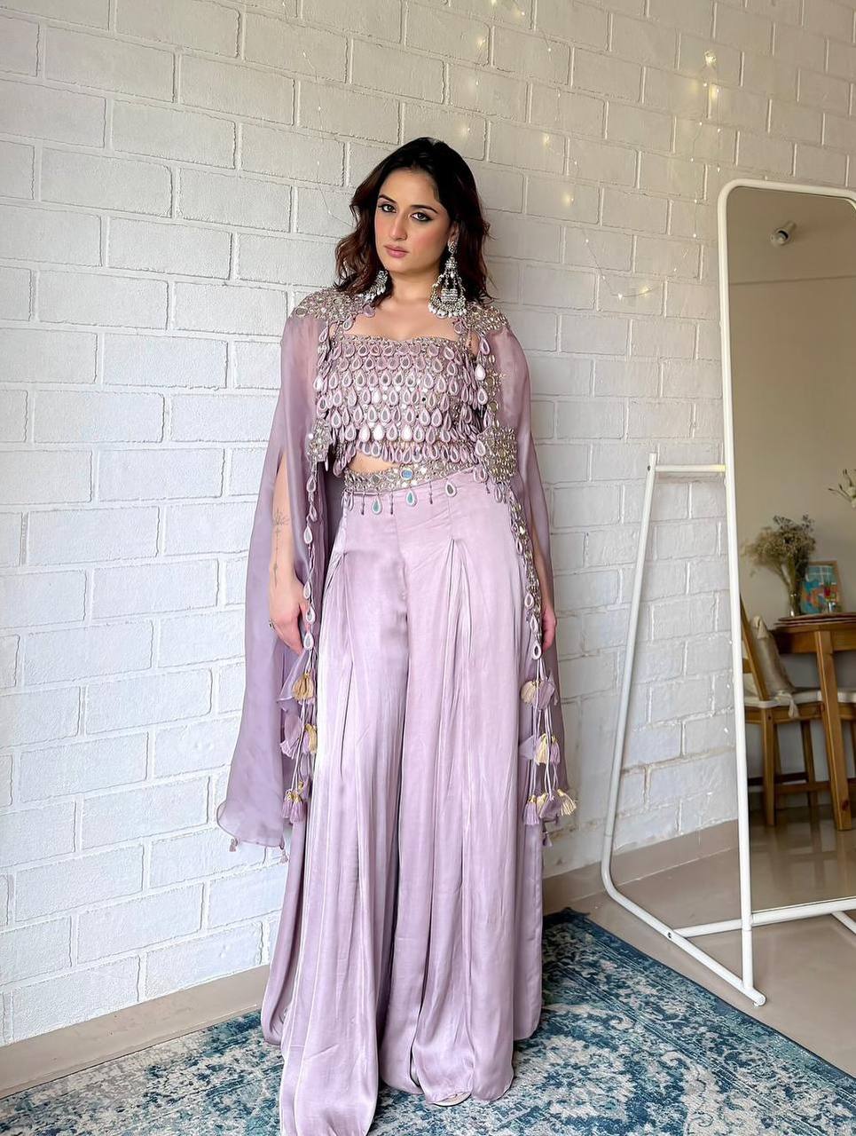 SUPERHIT TRENDING DESIGNER INDO-WESTERN PATTERN WITH FULL EMBROIDERY & REAL MIRROR WORK WITH FULL STITCH SHRUG, BLOUSE & PLAZZO