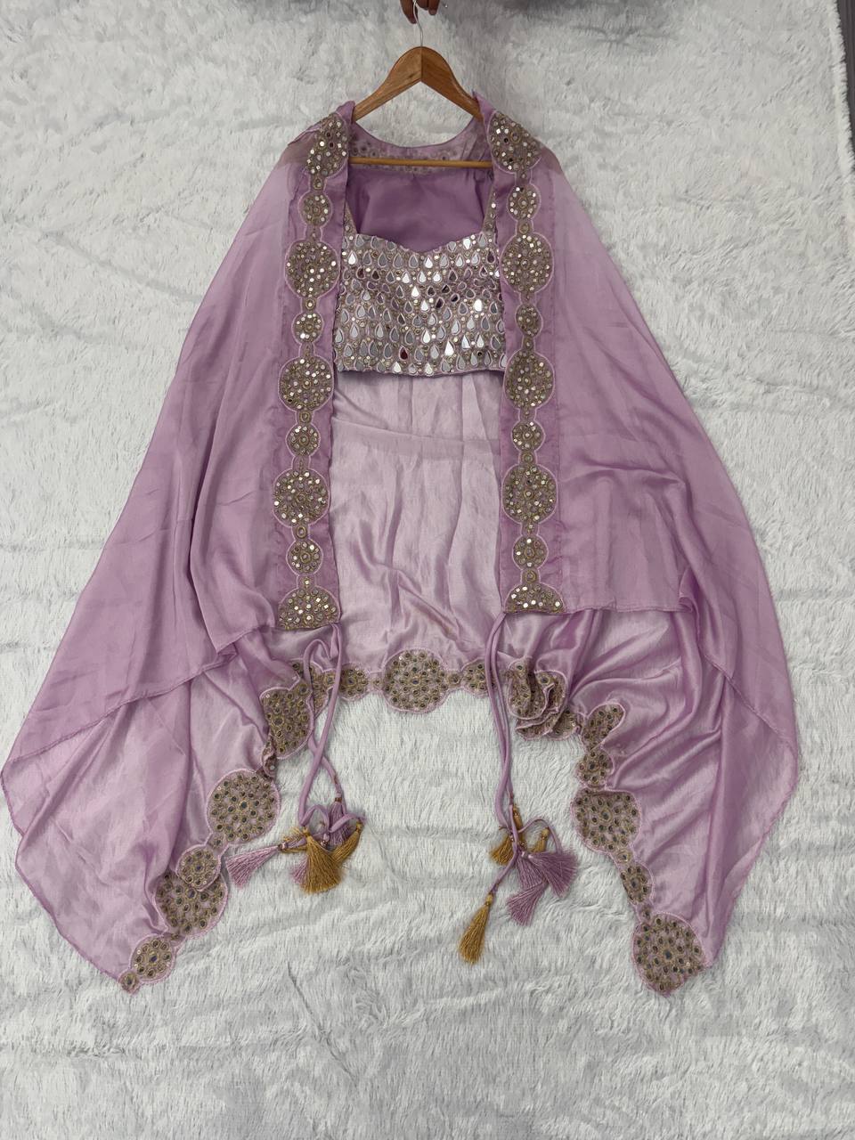 SUPERHIT TRENDING DESIGNER INDO-WESTERN PATTERN WITH FULL EMBROIDERY & REAL MIRROR WORK WITH FULL STITCH SHRUG, BLOUSE & PLAZZO